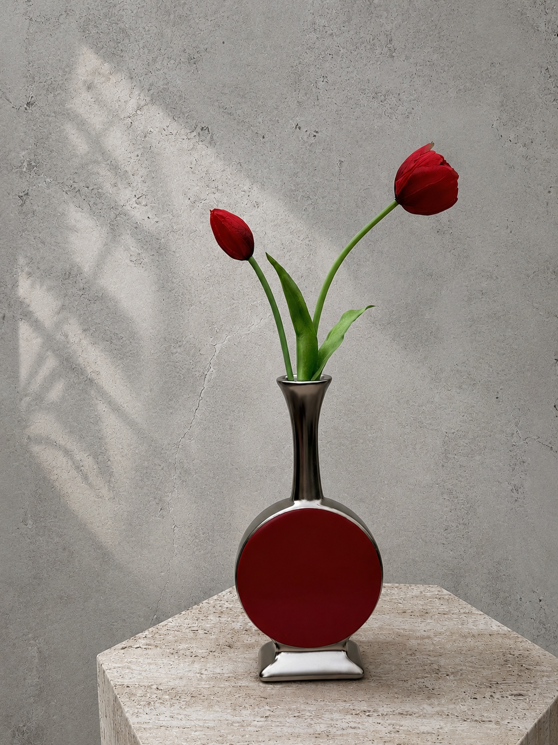 PO011 sculptural composition in a handmade red drum-inspired vessel